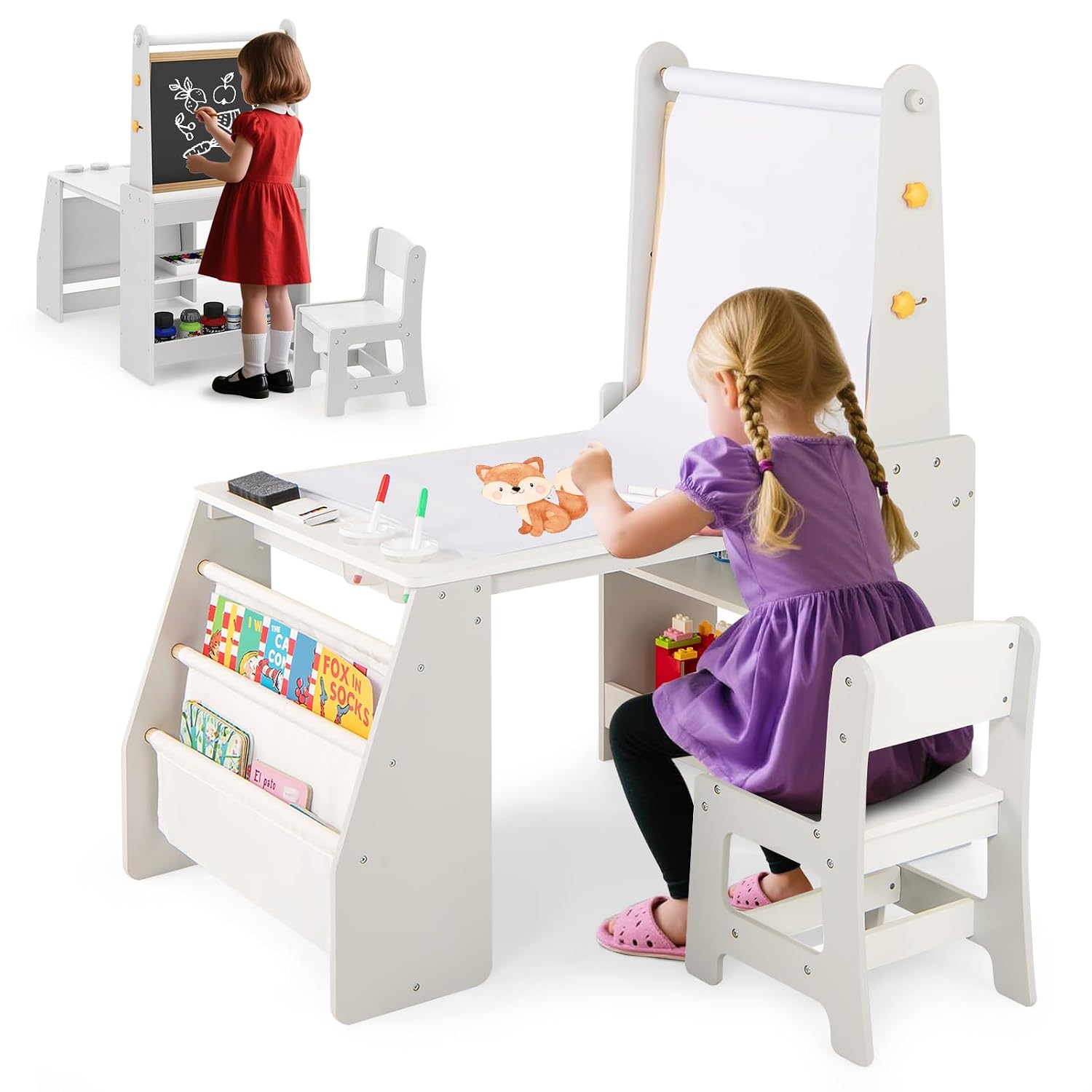Kids Art Easel - Kinderen Tekentafel & Stoelset 4-in-1 Houten