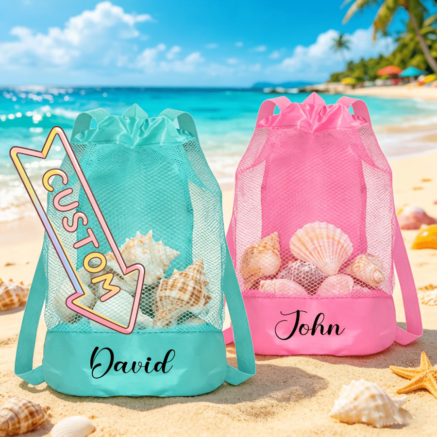 Kids Toys Names - Gepersonaliseerde strandtas met aangepaste naam, mesh-trekkoord,